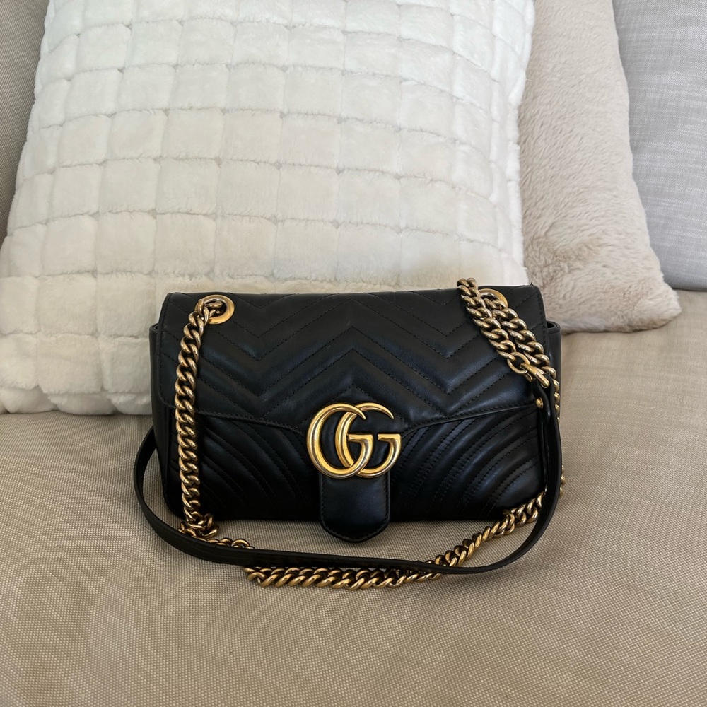 Authentic Black GG Marmont small matelassé shoulder bag